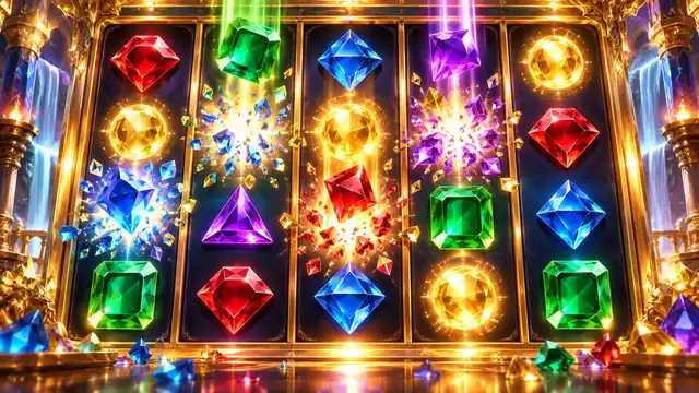 Cuadrícula de 6×5 con gemas de colores y un templo al fondo